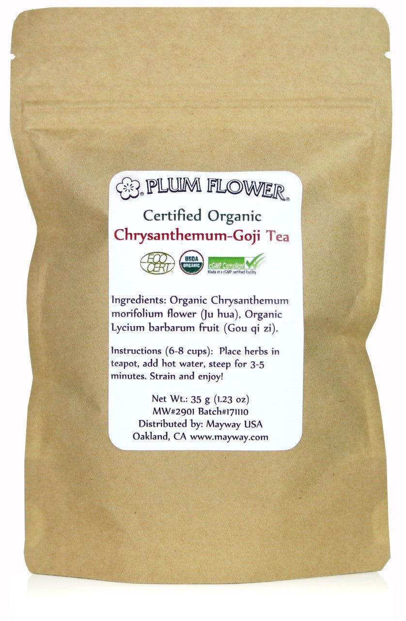 Plum Flower™️ Chrysanthemum & Goji Tea- Certified Organic- 1.23 oz., front.