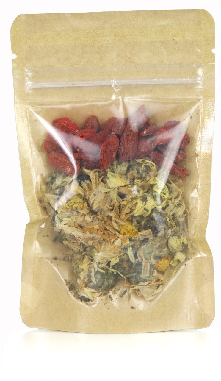 Plum Flower™️ Chrysanthemum & Goji Tea- Certified Organic- 1.23 oz., back of package, clear, showing contents.