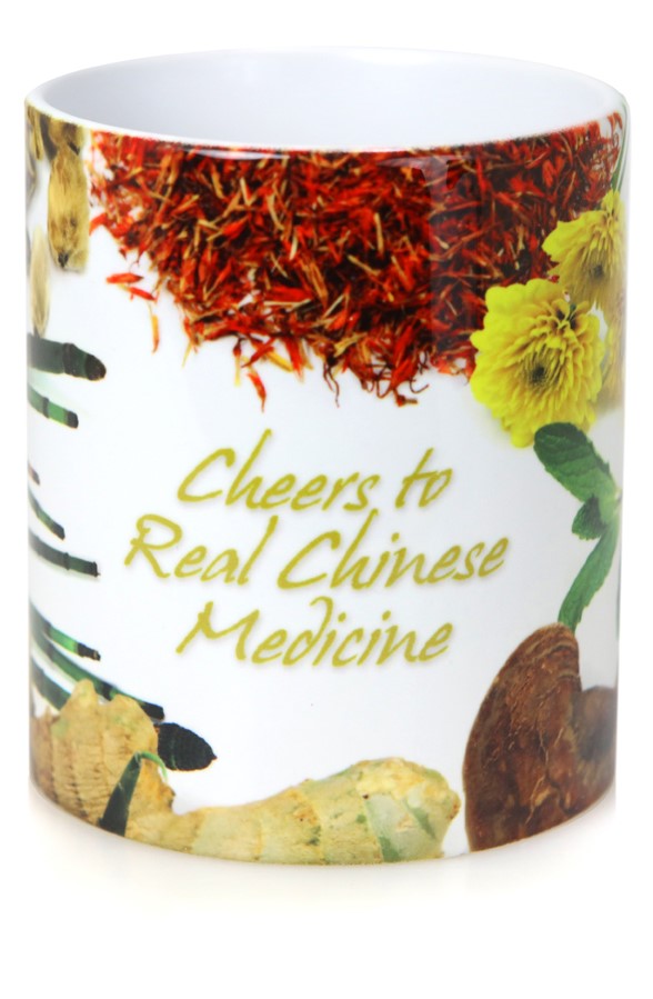 Mug printed with herbs and the phrase "Cheers to Real Chinese Medicine"