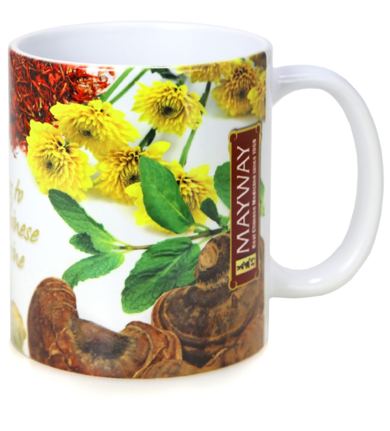 Mug printed with herbs and the phrase "Cheers to Real Chinese Medicine" - right side