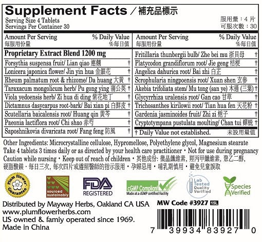 Plum Flower™️ Lian Qiao Bai Du Tablets - supplement facts