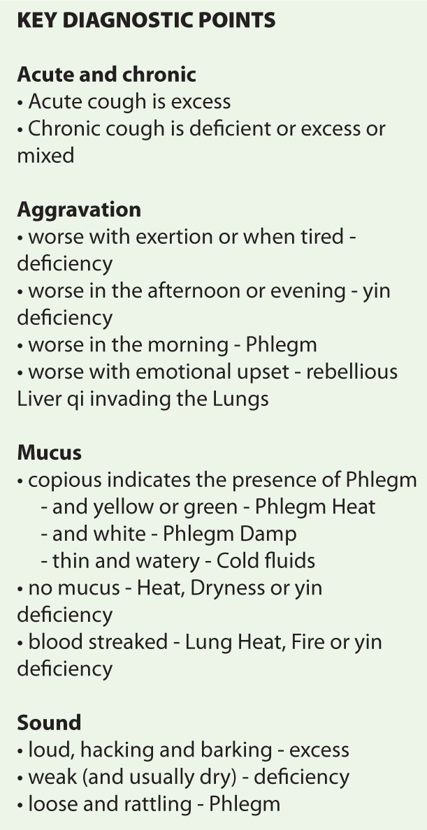 cough diagnostic points including acute and chronic, aggravation, mucus, sound