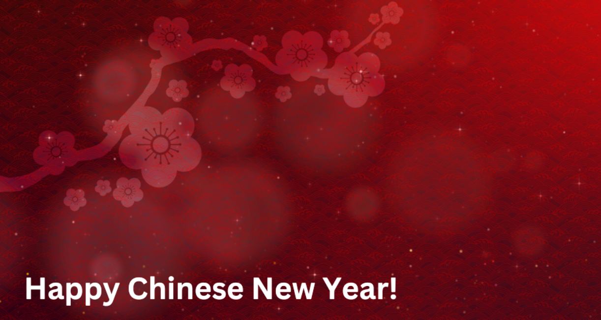 red graphic with plum flowers on it with the text happy Chinese new year