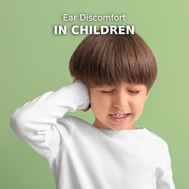 photo of a child holding his ear with text pointing to an article about tcm for ear discomfort for children