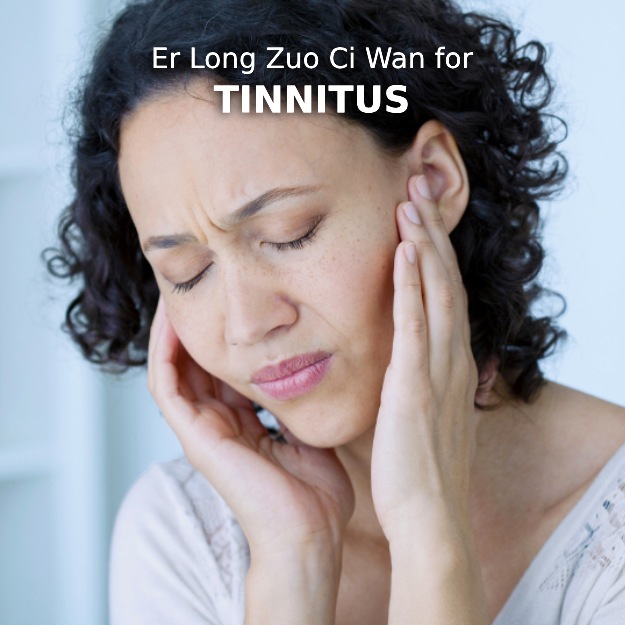 graphic showing a woman holding her ear linking to article about er long zuo ci wan for tinnitus