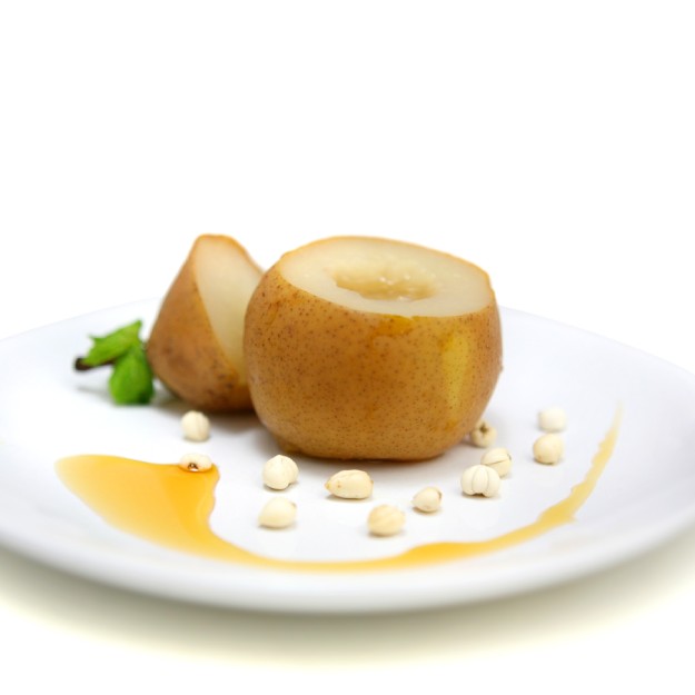 Photo of a sliced pear with chuan bei mu and honey