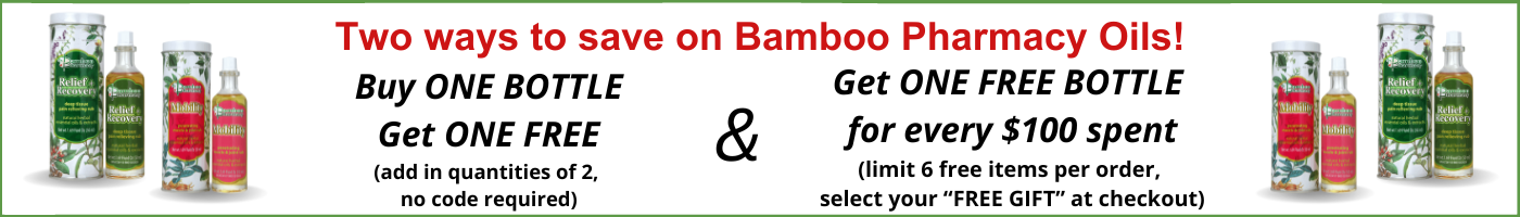 Bamboo Pharmacy oil sale buy one get one free and get one free with every $100 spent up to 6 free no code required